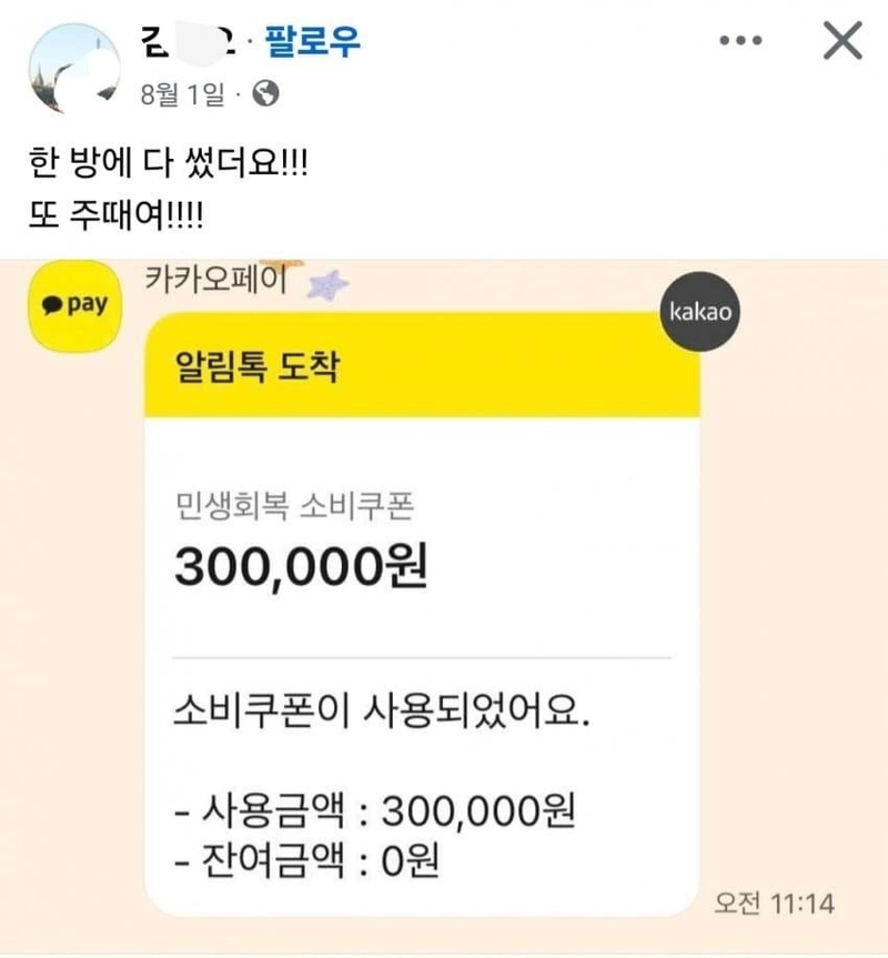 1754710569-1.jpg 한 방에 다 썼더요!! 또 주때여!!!! 민생쿠폰 근황